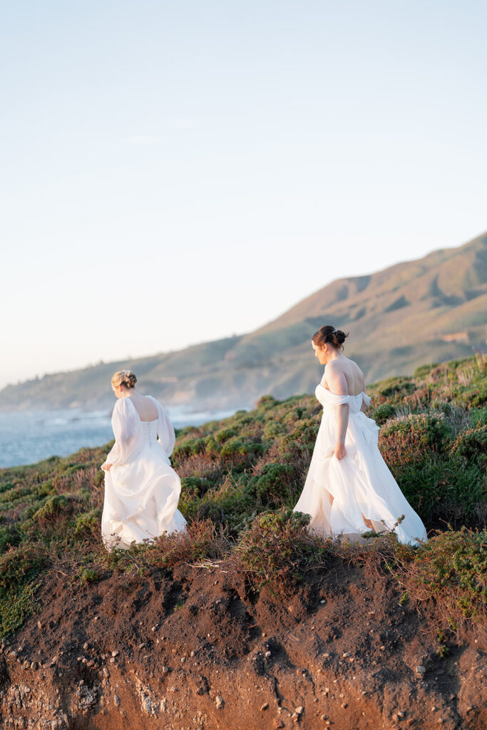 Big Sur Wedding brides walking along the garapatta cliffs