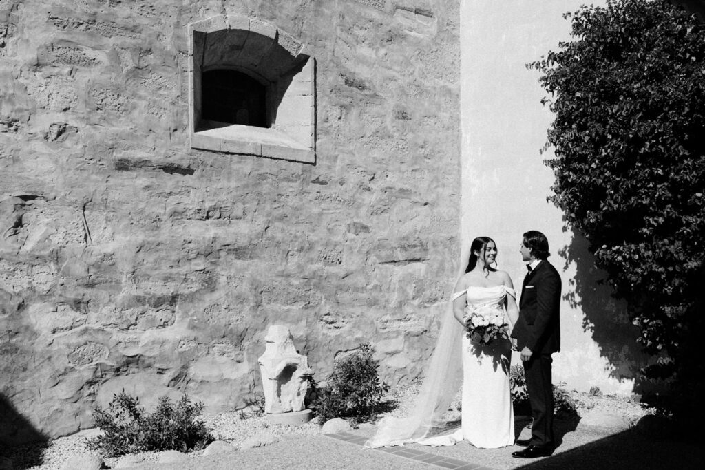 Carmel wedding photo in black and white at the carmel mission basillica