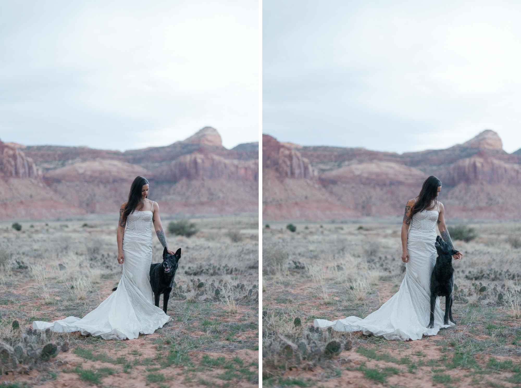 Indian Creek Utah elopement with AW bridal wedding dress