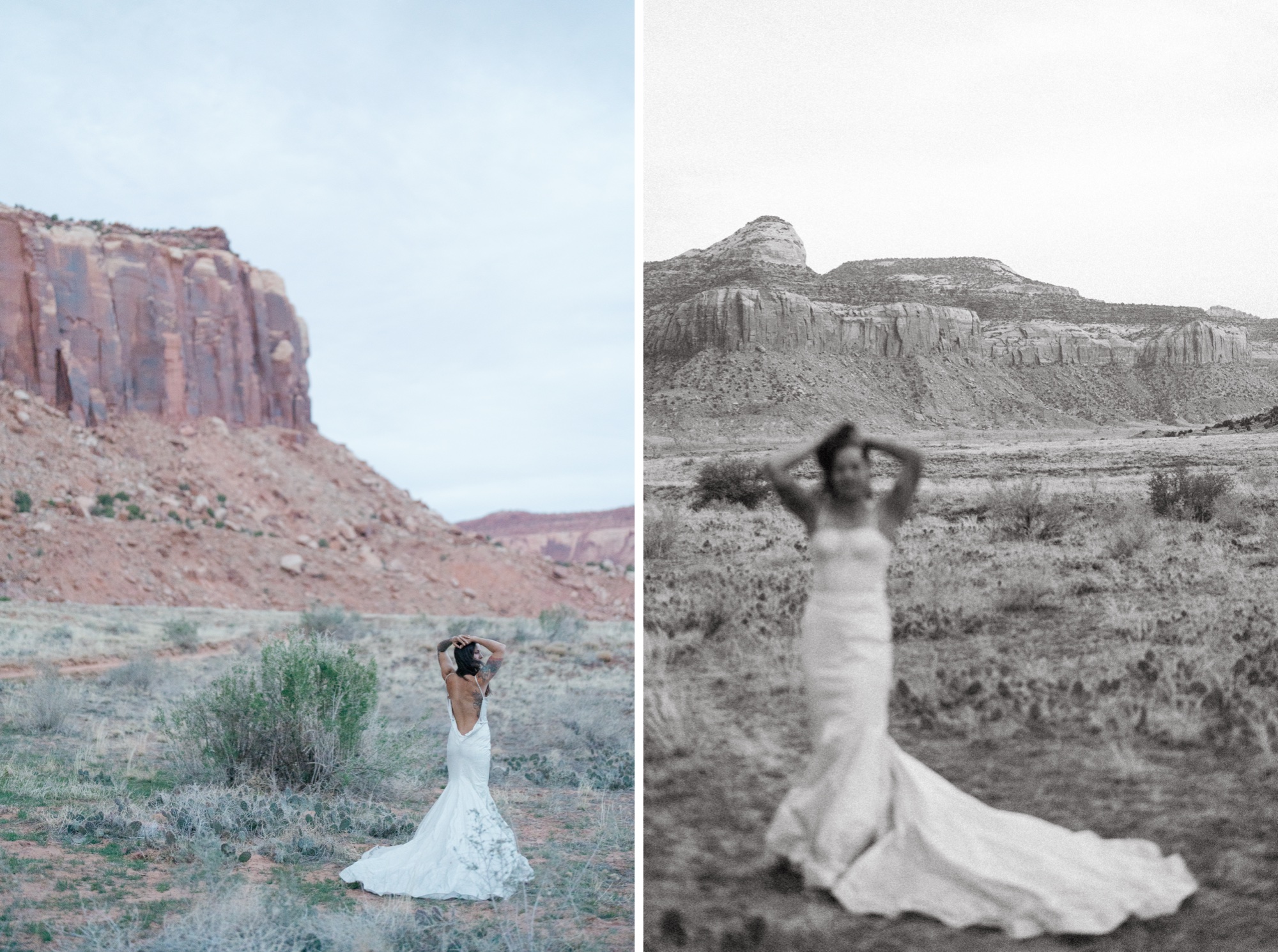 Indian Creek Utah elopement with AW bridal wedding dress