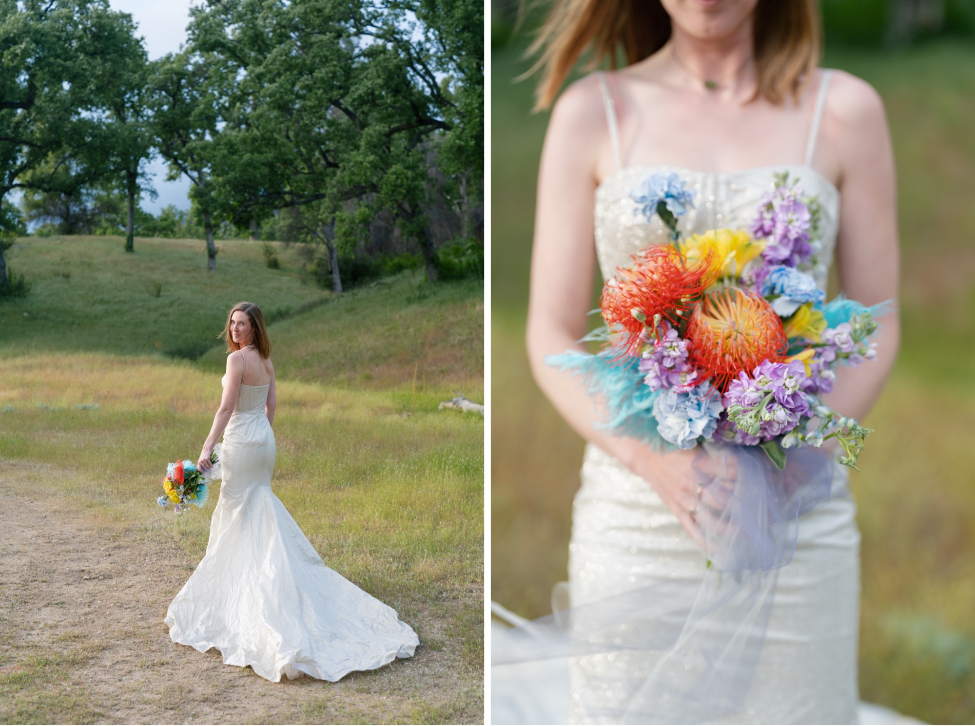Rolling Oak Hills Coastal California Big Sur elopement in AW Bridal Minerva Wedding Dress